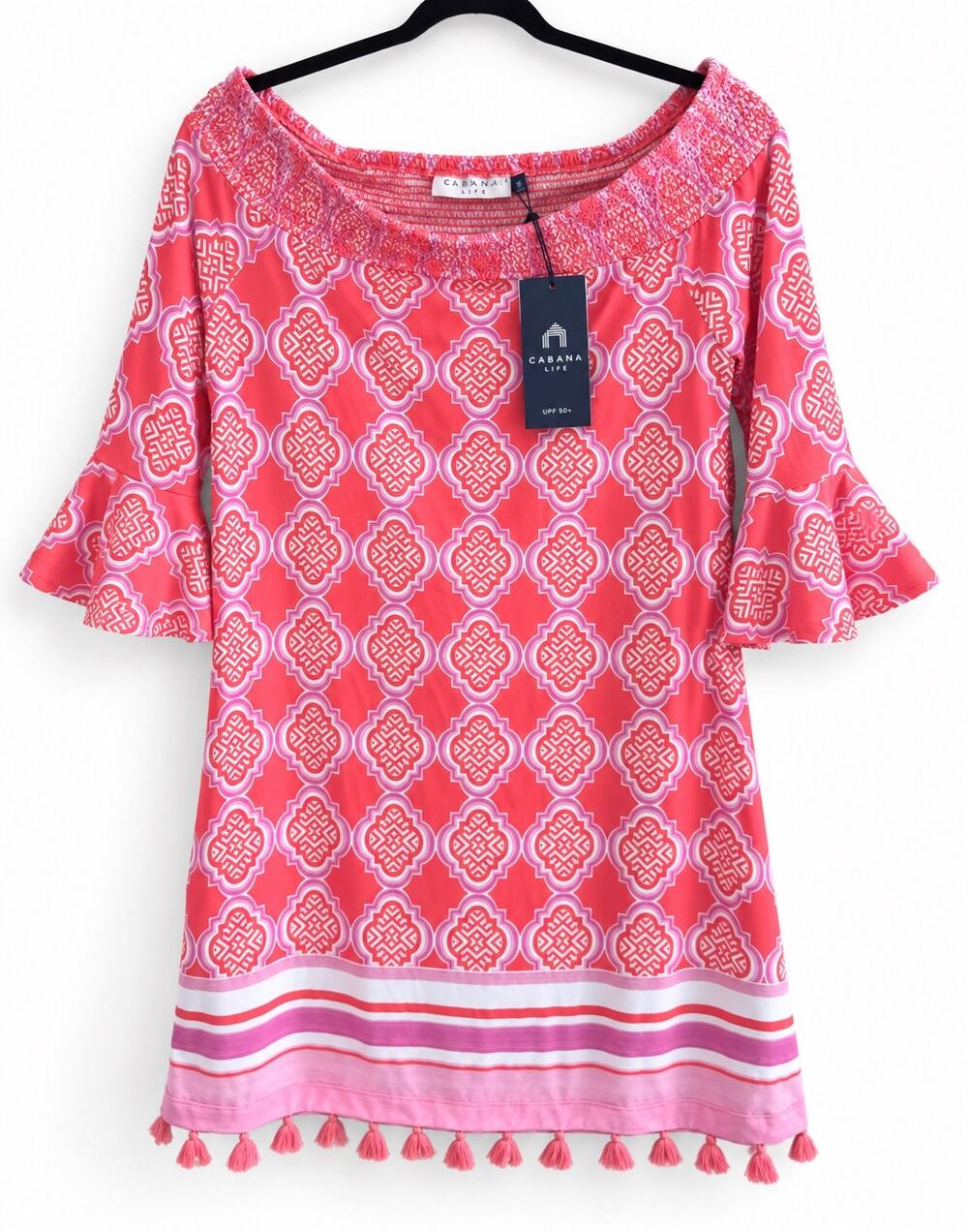 Cabana Life NWT Coral Pink Geo Off Shoulder UPF 50+ Tassel Mini Dress M